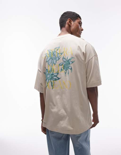 Topman – T-Shirt in Ecru mit Blumenmuster und extremer Oversize-Passform
