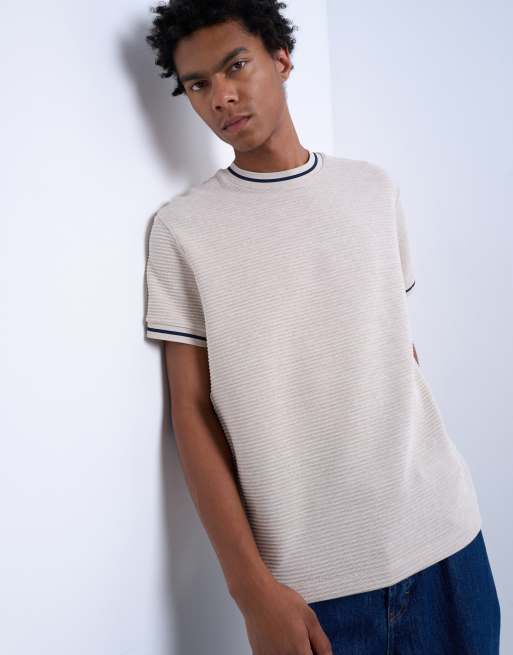 Topman – T-Shirt in Ecru mit Strukturstreifen und regulärer Passform