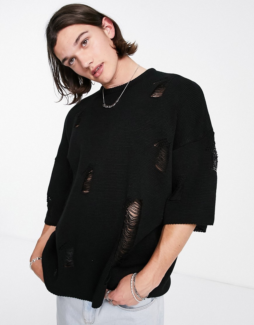 T-shirt in maglia nera oversize con strappi-Nero - Topman T-shirt donna  - immagine3