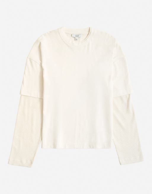 Topman T-Shirt in Relaxed Fit mit Lagenoptik und Waffelärmel in Ecru, 6 von 7