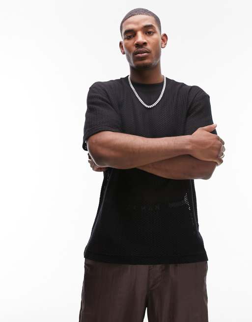 Topman - T-shirt in rete nera oversize in cotone