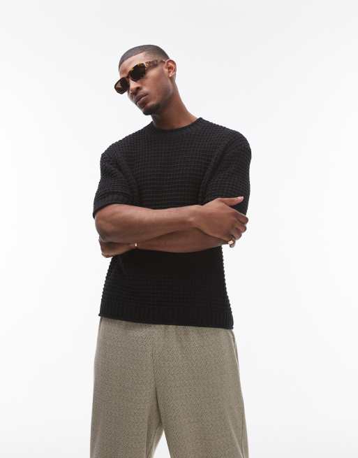 Topman – T-Shirt in Schwarz aus Häkelstrick