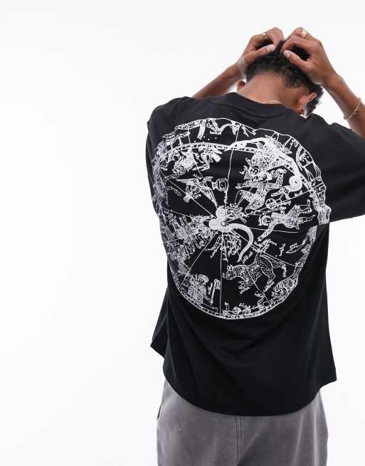 Topman – T-Shirt in Schwarz mit extremer Oversize-Passform und Sternzeichen-Print auf Vorder- und Rückseite