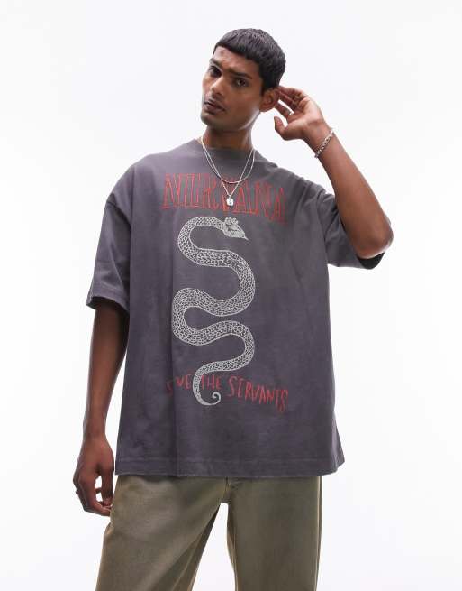 Topman – T-Shirt in verwaschenem Schwarz mit extremer Oversize-Passform, „Nirvana“-Textprint und Schlangenmotiv