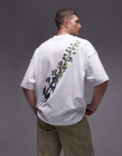 Topman – T-Shirt in Weiß in extrem übergroßer Passform mit Blumenprint in gepresster Optik auf Vorder- und Rückseite