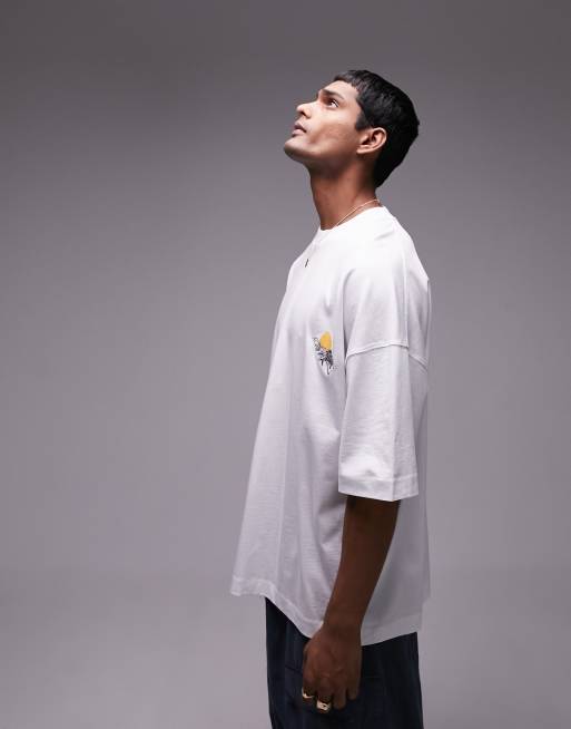 Topman – T-Shirt in Weiß mit Kranich-Tattoo-Stickerei und extremem Oversize-Schnitt, 2 von 4
