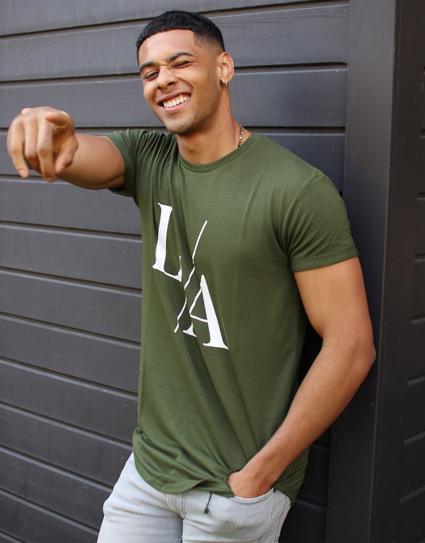 Topman - T-shirt lunga kaki con scritta LA-Verde