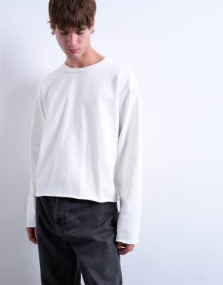 Topman - T-shirt manches longues en tissu flammé épais à bords bruts - Blanc
