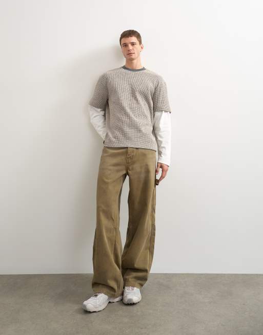 Topman t-shirt med avslappnad passform och dubbla lager i våffelstruktur i beige, 3 av 5