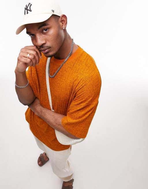 Topman - T-shirt met extreem oversized pasvorm en geribbelde textuur in oranje
