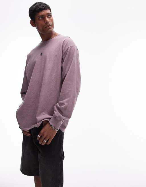 Topman - T-shirt met lange mouwen in lila met vintage wassing