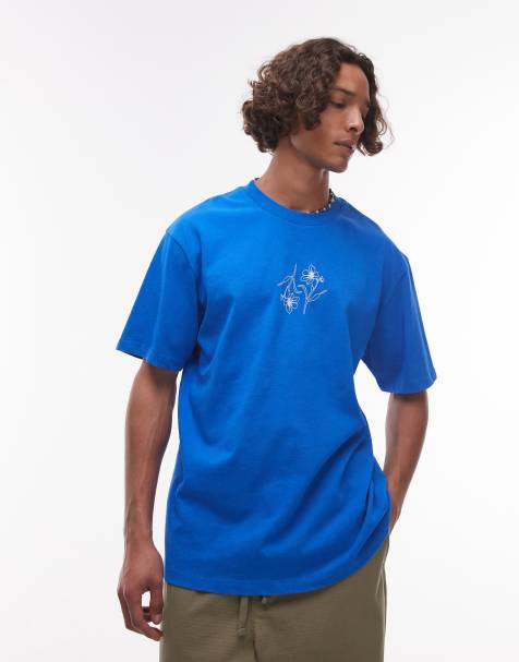 Topman - T-shirt met oversized pasvorm en bloemenborduursel in blauw met wassing - view 1