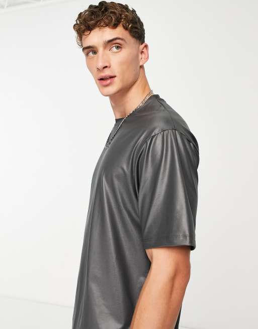 Topman - T-shirt met oversized pasvorm en wet look in grijs