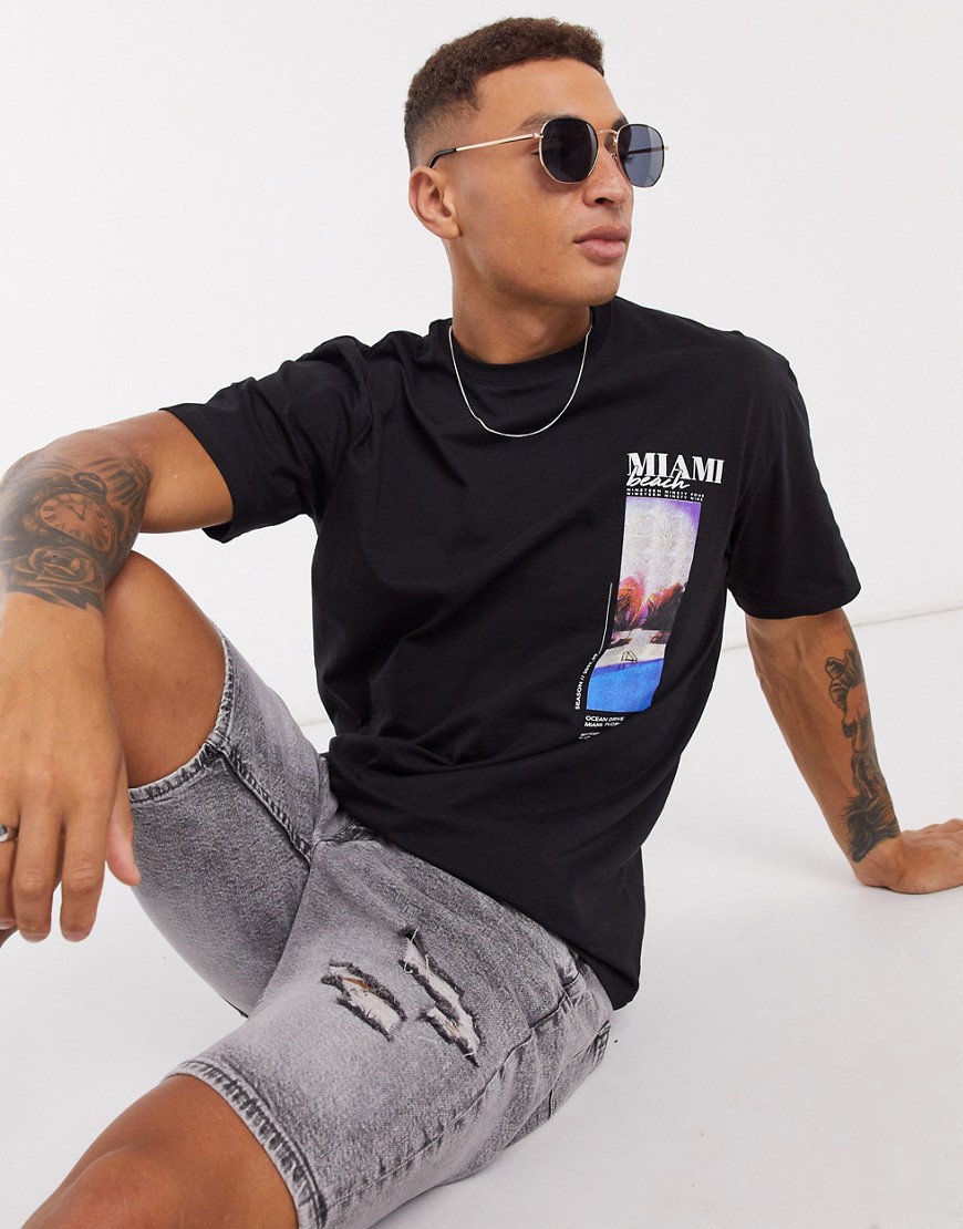 Topman - T-shirt met Miami-print in zwart