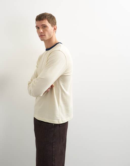 Topman T-Shirt mit klassischer Passform, cropped, langärmlig, in Ecru, 5 von 8