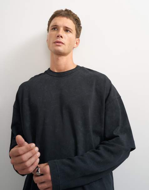 Topman T-shirt o luźnym kroju z warstwowym efektem i rękawem z waflowej dzianiny w spranym czarnym - view 1