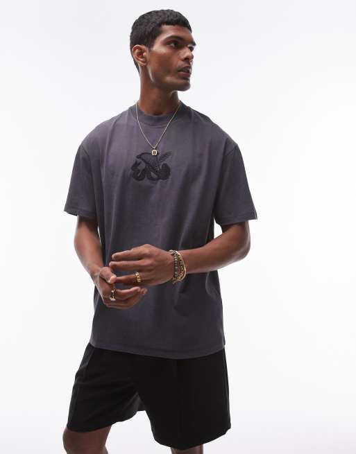Topman - T-shirt oversize à broderie harpe - Anthracite, 4 de 4