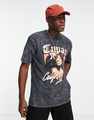 Nouveau Topman - T-shirt oversize à imprimé Tupac California - Noir délavé