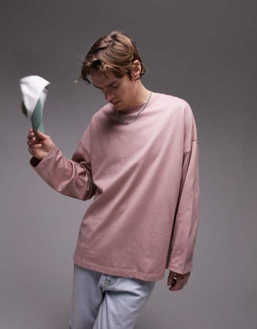 Topman - T-shirt oversize a maniche lunghe pesante color rosa polvere