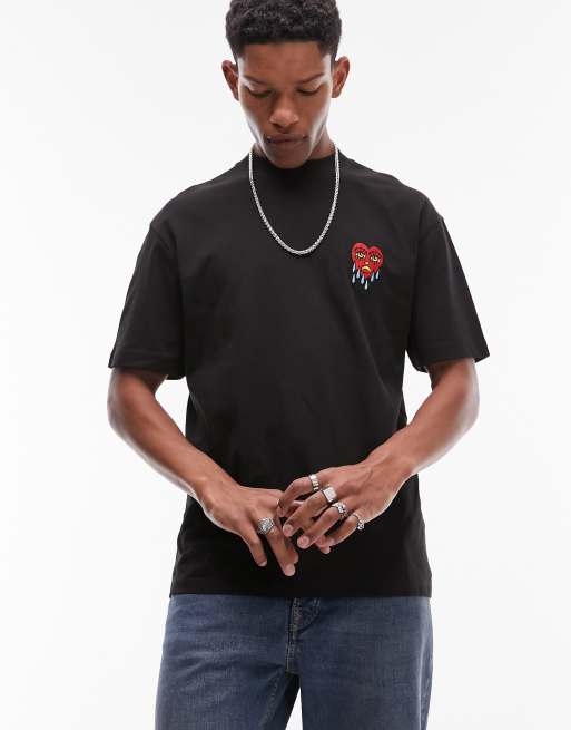 Topman - T-shirt oversize avec broderie cœur style tatouage - Noir