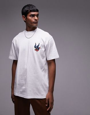 Topman oversized fit t-shirt with swallow tattoo embroidery in ecru - ASOS Price Checker