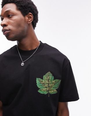 Topman oversized fit t-shirt with leaf slogan embroidery in black - ASOS Price Checker