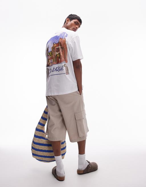 Topman - T-shirt oversize avec imprimé Côte d'Azur style aquarelle devant et au dos - Blanc