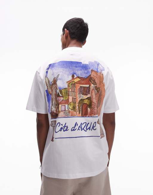 Topman - T-shirt oversize avec imprimé Côte d'Azur style aquarelle devant et au dos - Blanc