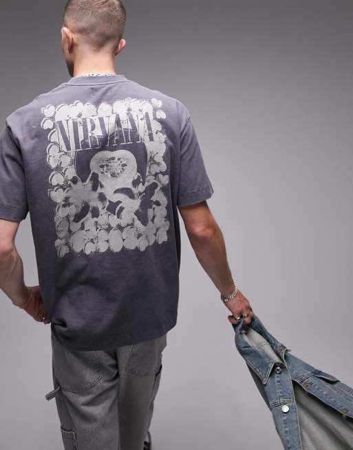 Topman - T-shirt oversize avec imprimé Nirvana encadré avec cœurs devant et au dos - Anthracite délavé