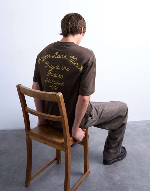 Topman - T-shirt oversize avec Pégase brodé et texte au dos - Marron