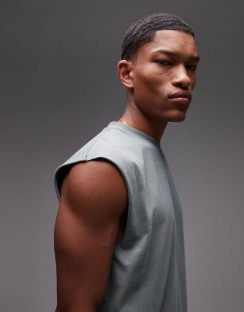 Topman – T-shirt oversize bez rękawów w spranym szałwiowym kolorze - view 1