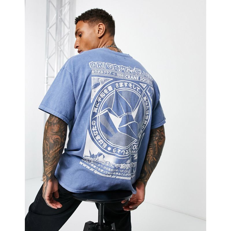 Novità Uomo Topman - T-shirt oversize blu con stampa di origami sul davanti e sul retro