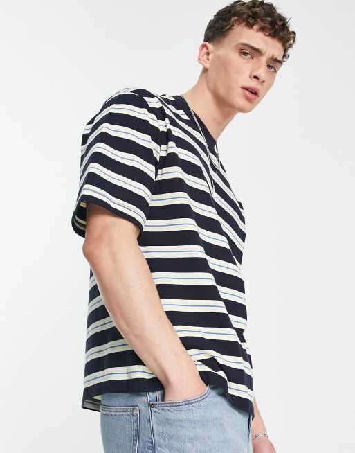 Topman - T-shirt oversize blu navy e gialla a righe multicolore