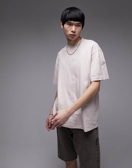 Topman - T-shirt oversize color pietra con ricamo 
