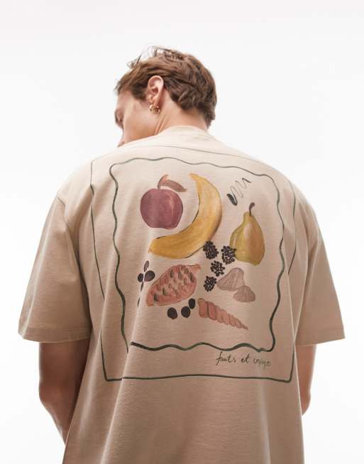 Topman - T-shirt oversize color pietra con stampa di frutta sul davanti e sul retro