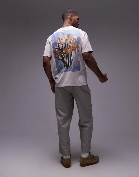 Topman - T-shirt oversize color pietra con stampa di narcisi sul davanti e sul retro - view 1
