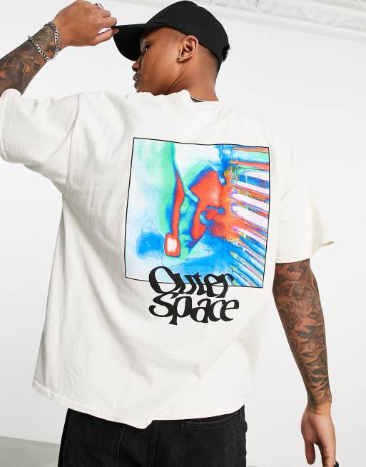Topman - T-shirt oversize color pietra con stampa di spazio 