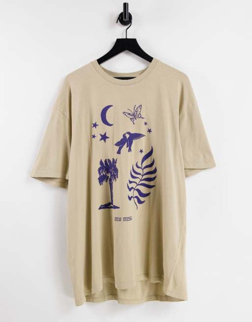 Topman - T-shirt oversize color pietra con stampa mistica 