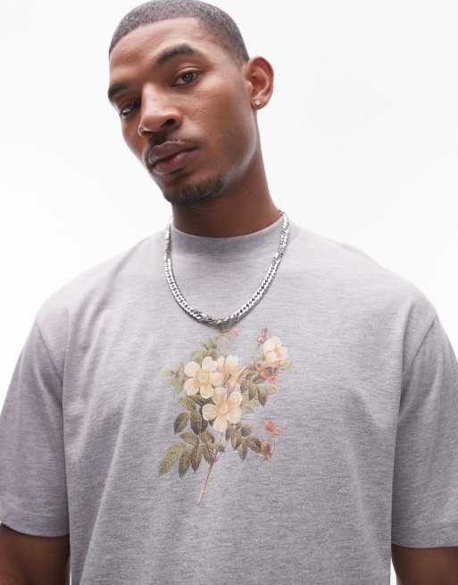 Topman - T-shirt oversize de qualité supérieure à roses imprimées - Gris chiné