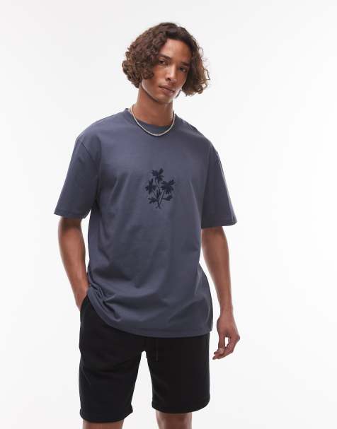 Topman - T-shirt oversize de qualité supérieure avec fleur brodée - Bleu - view 1