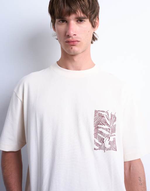 Topman - T-shirt oversize écru con ricamo di fiore delineato