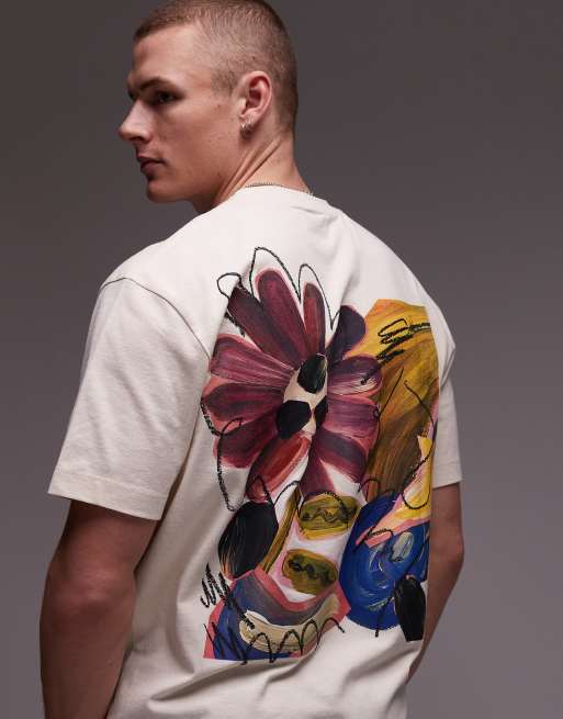 Topman - T-shirt oversize écru con stampa astratta a fiori sul davanti e sul retro