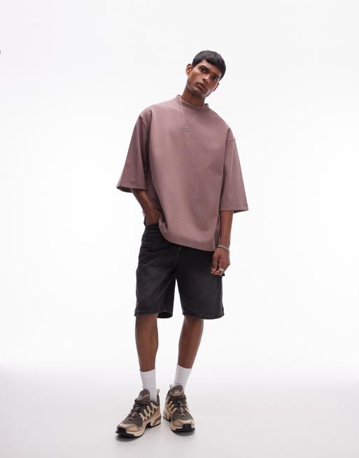Topman - T-shirt oversize en tissu épais 300 g/m² de qualité supérieure à manches mi-longues - Vison