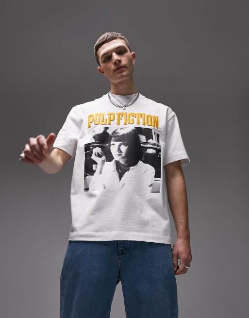 Topman - T-shirt oversize en tissu épais à broderie Pulp Fiction et imprimé - Blanc