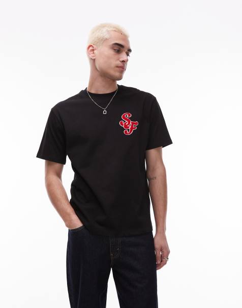 Topman - T-shirt oversize épais avec lettres brodées en maille chenille - Noir - view 1