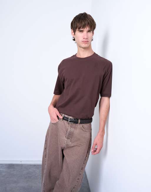 Topman - T-shirt oversize marrone effetto camoscio