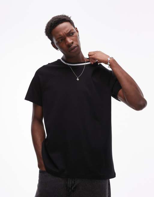 Topman - T-shirt oversize nera con colletto con bordini a contrasto