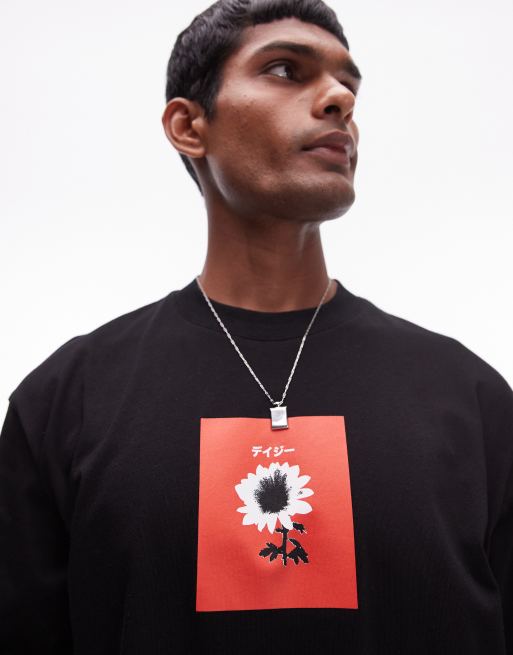 Topman - T-shirt oversize nera con stampa di fiore giapponese, 2 di 4