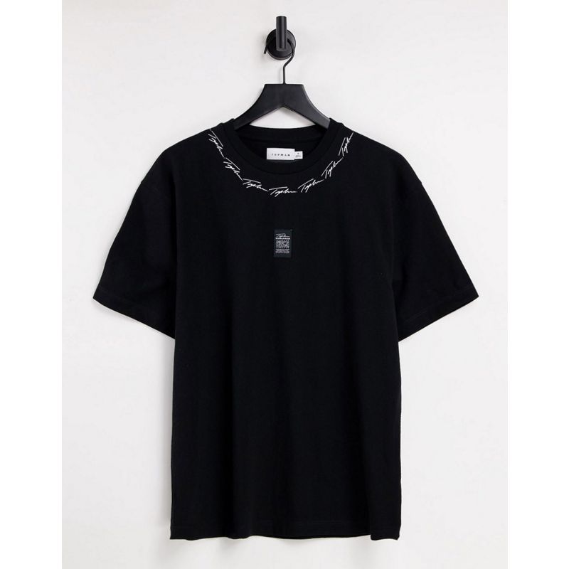 T-shirt stampate QtIYC Topman - T-shirt oversize nera con stemma e scritta sul collo