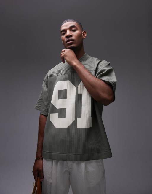Topman - T-shirt oversize plissé color salvia con stampa